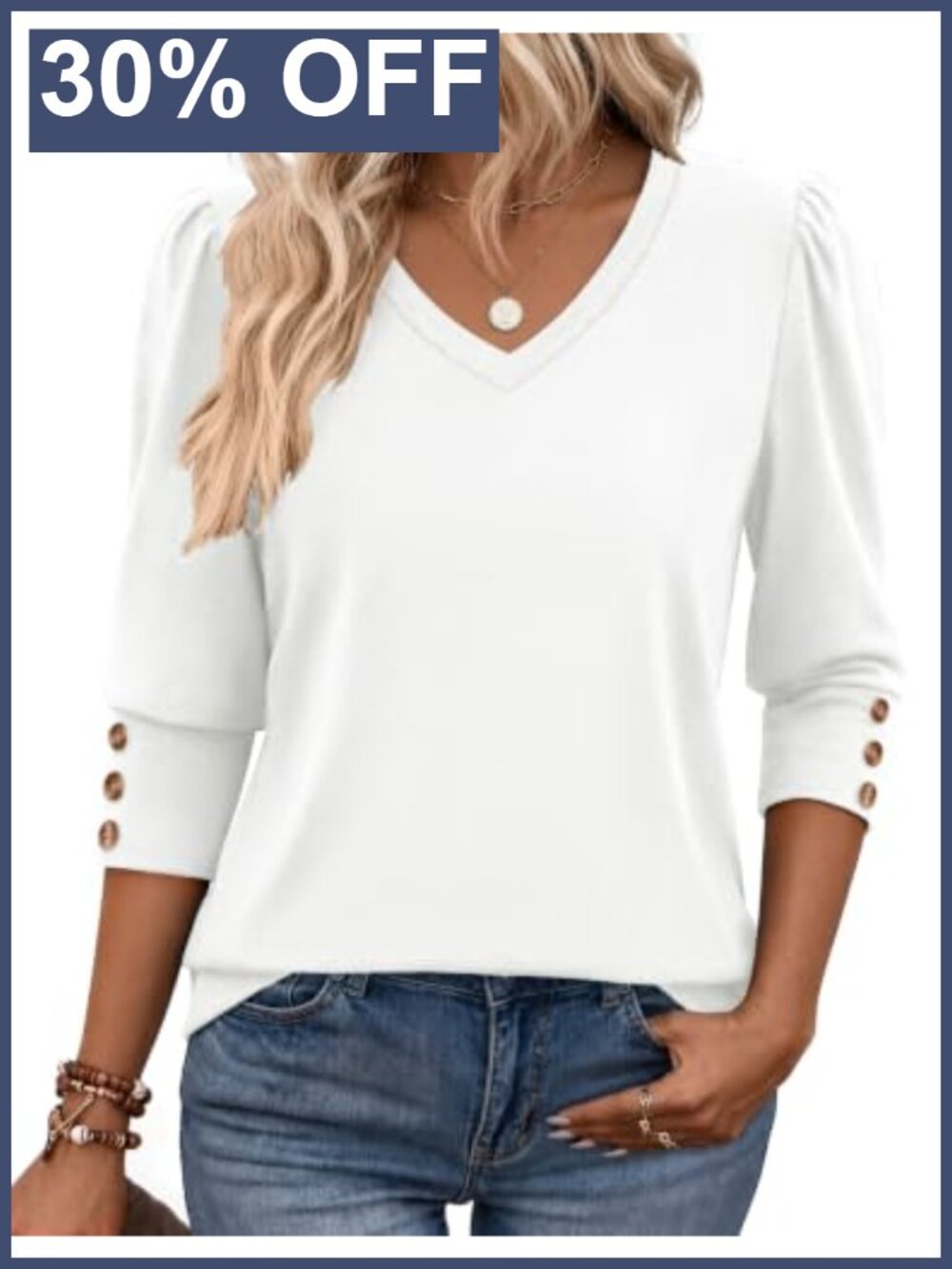 Womens 3/4 Sleeve V Neck Blouse Puff Sleeve Business Casual Top